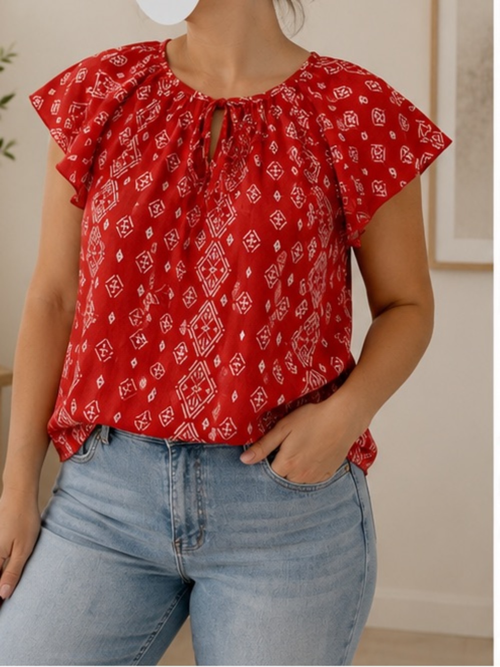 Women's Red Printed Flutter Sleeve Peasant Blouse